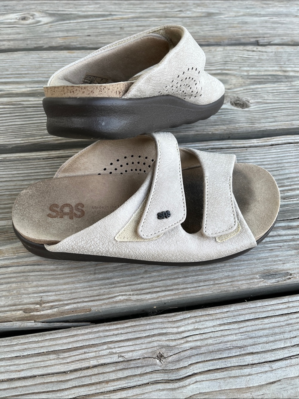 SAS Two-Strap Slide Sandals in Neutral Beige with Dark Sole